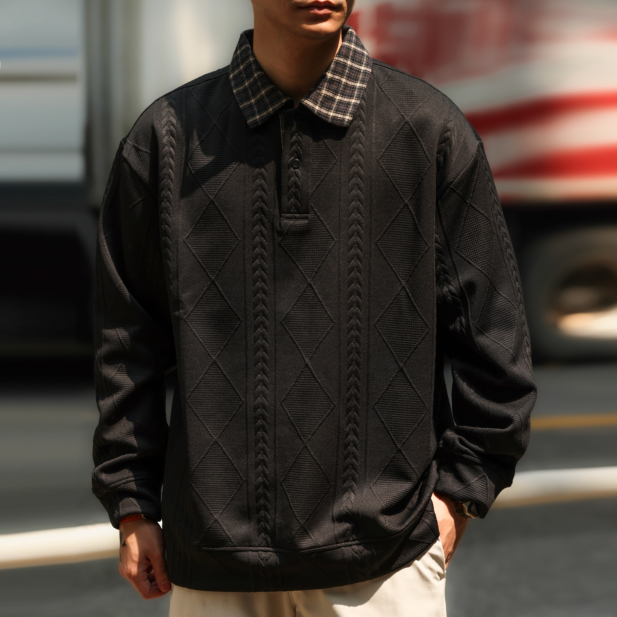 American Casual Knitted Texture Men'S Contrasting Plaid Lapel Long Sleeved Polo Shirt