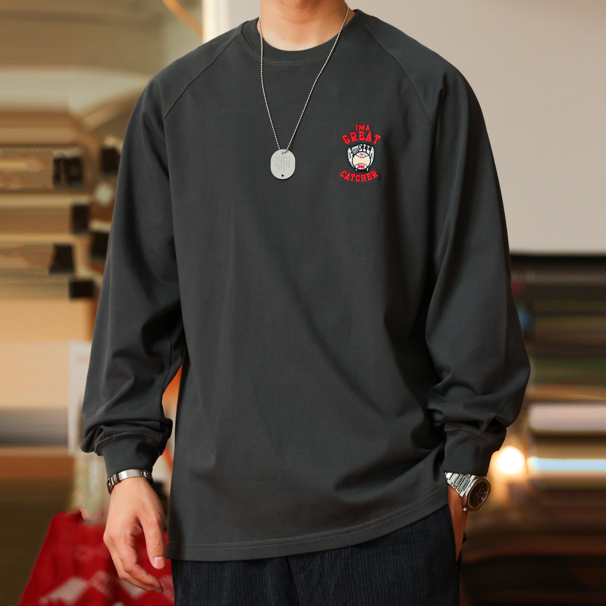 American Style 300g Embroidered Printed Men'S Autumn Long Sleeved T-Shirt