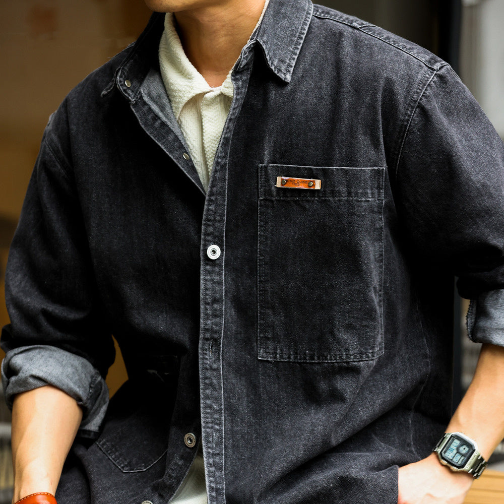 Workwear Long Sleeve Denim Shirt Loose Lapel Peplum Vintage Sense Casual Blouse Jacket