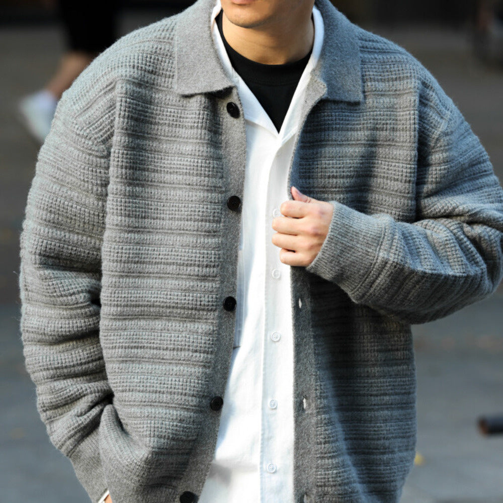 lazy style lapel cardigan sweater, men's heavy-duty texture, thick and warm, outer wear knitted jacket for winter