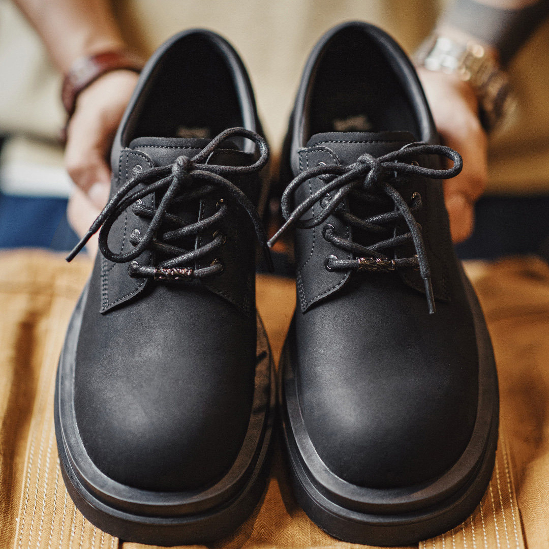 Derby Shoes Men'S Thick Soled Raised Round Toe Black Commuting Casual Leather Shoes