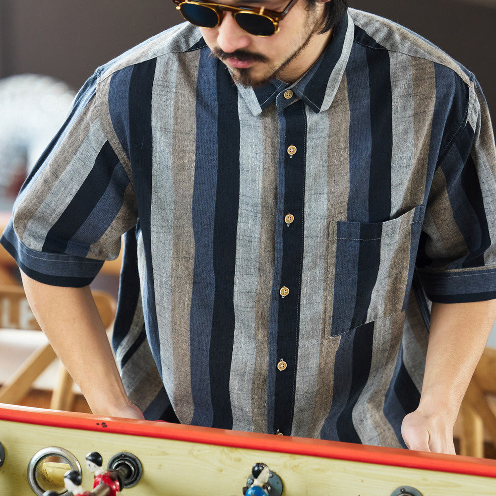 Japanese retro 150g men's contrasting striped short sleeved T-shirt