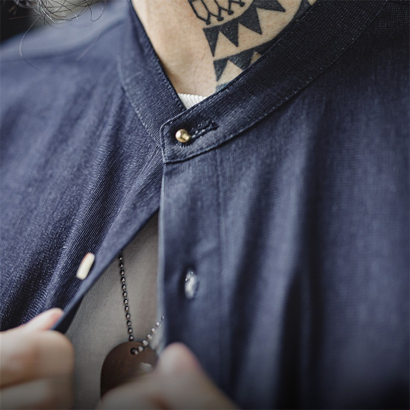 Maden retro cool Ice Silk denim shirt washed round neck casual long sleeved shirt jacket