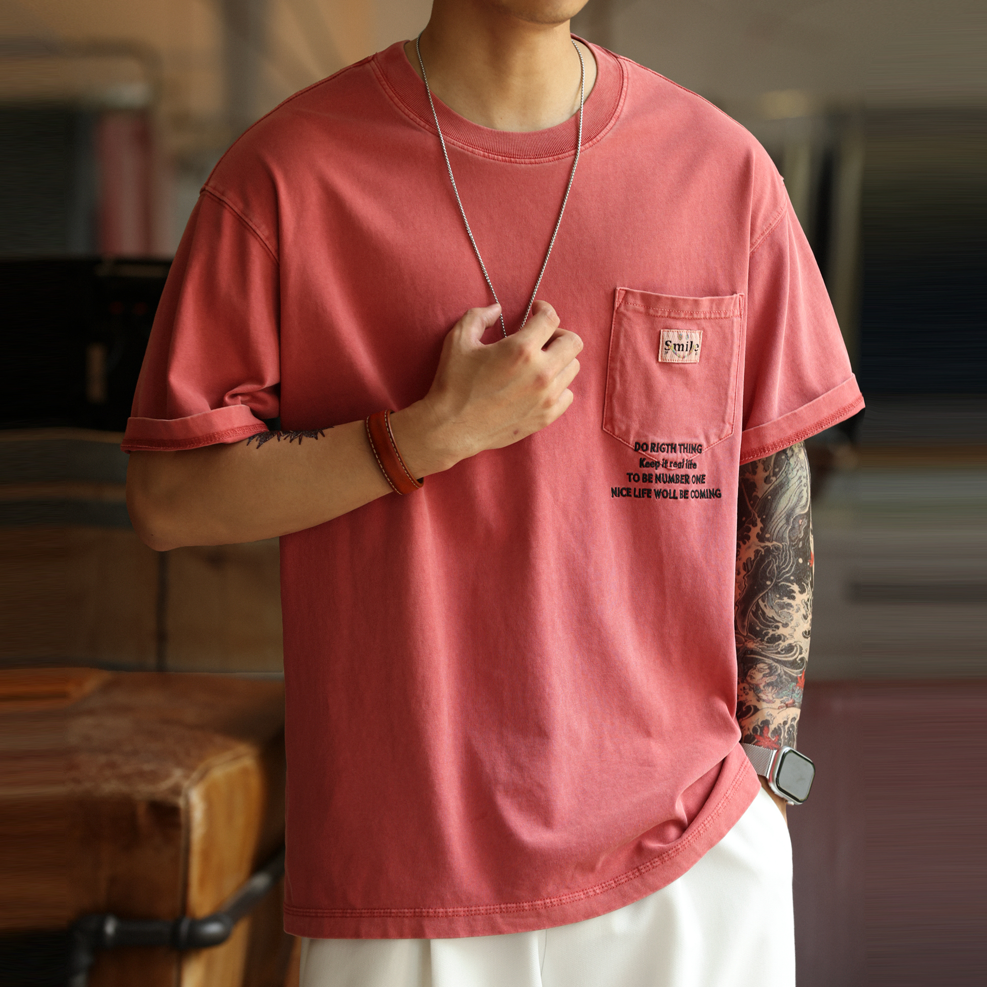 American retro men's 260g pure cotton pocket embroidered short sleeved T-shirt