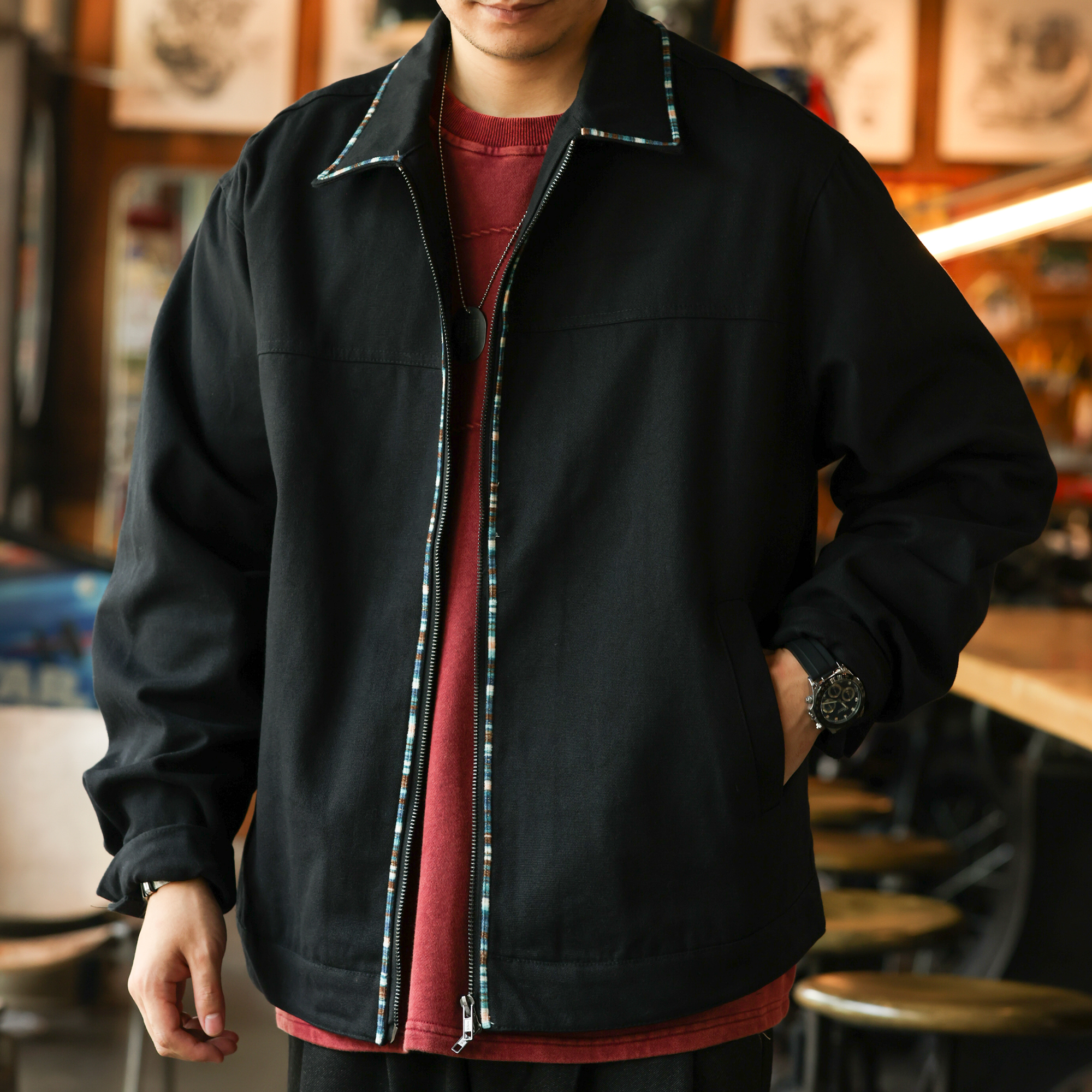 American Retro High-End Canvas Men'S Woven Stripe Design Lapel Workwear Jacket