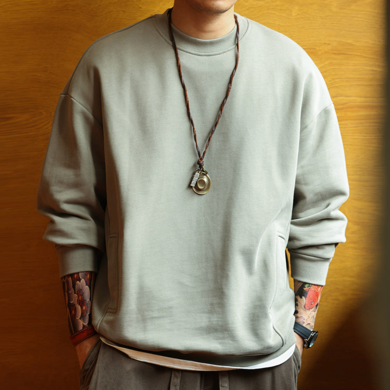 480g heavy knit terry sweater side seam pockets cityboy pullover round neck top tide