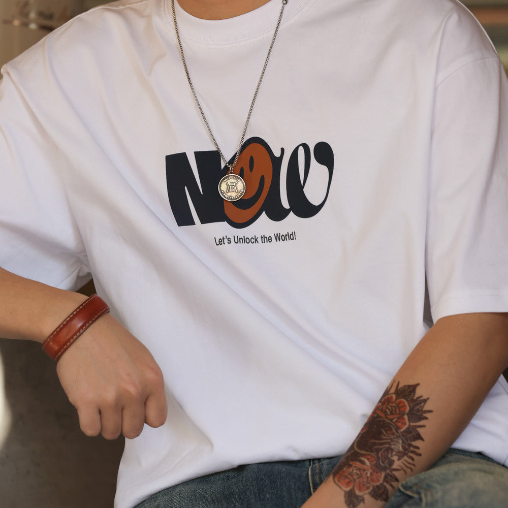 230g men's pure cotton sports and leisure printed round neck short sleeved T-shirt