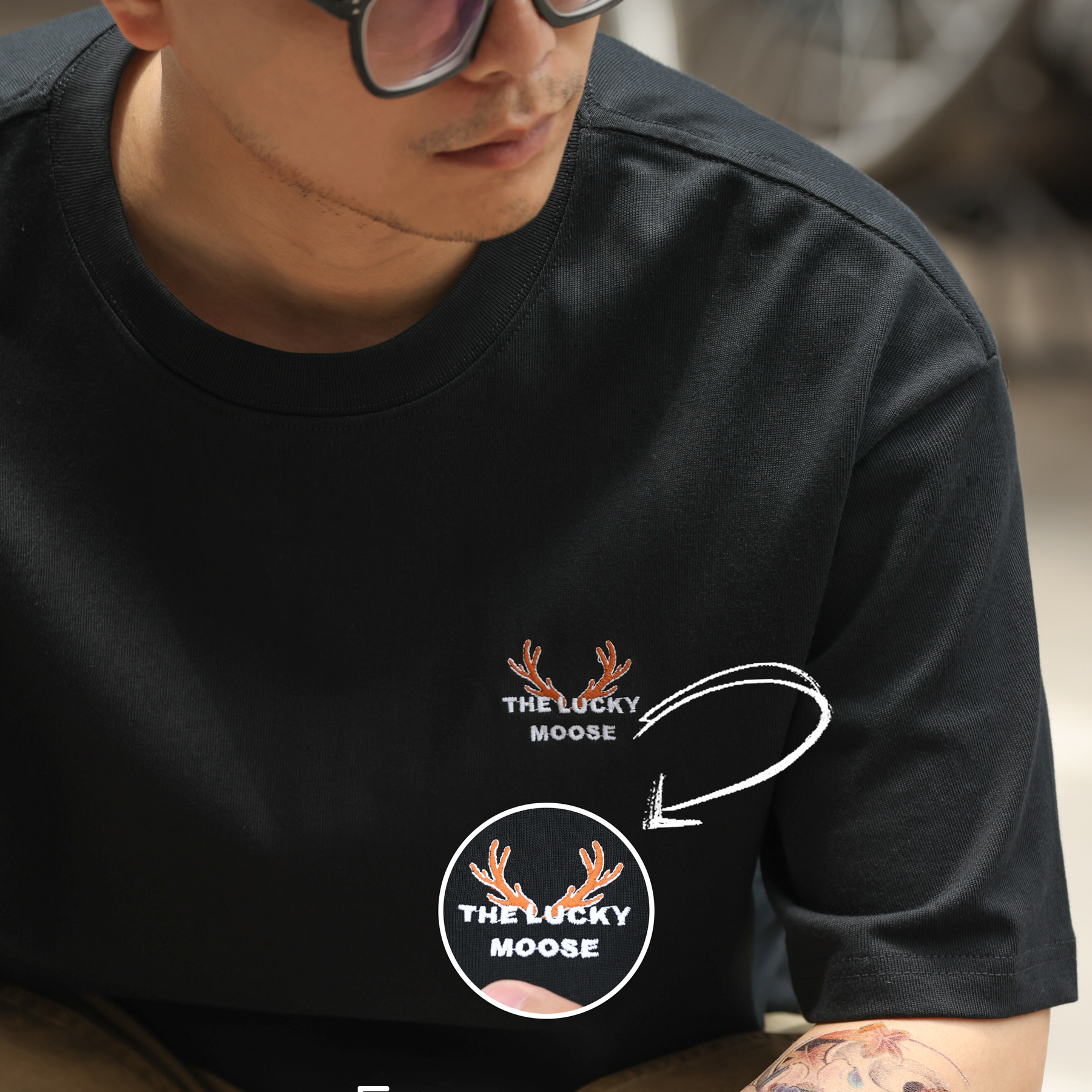 American retro lucky deer head embroidered men's 300g pure cotton T-shirt