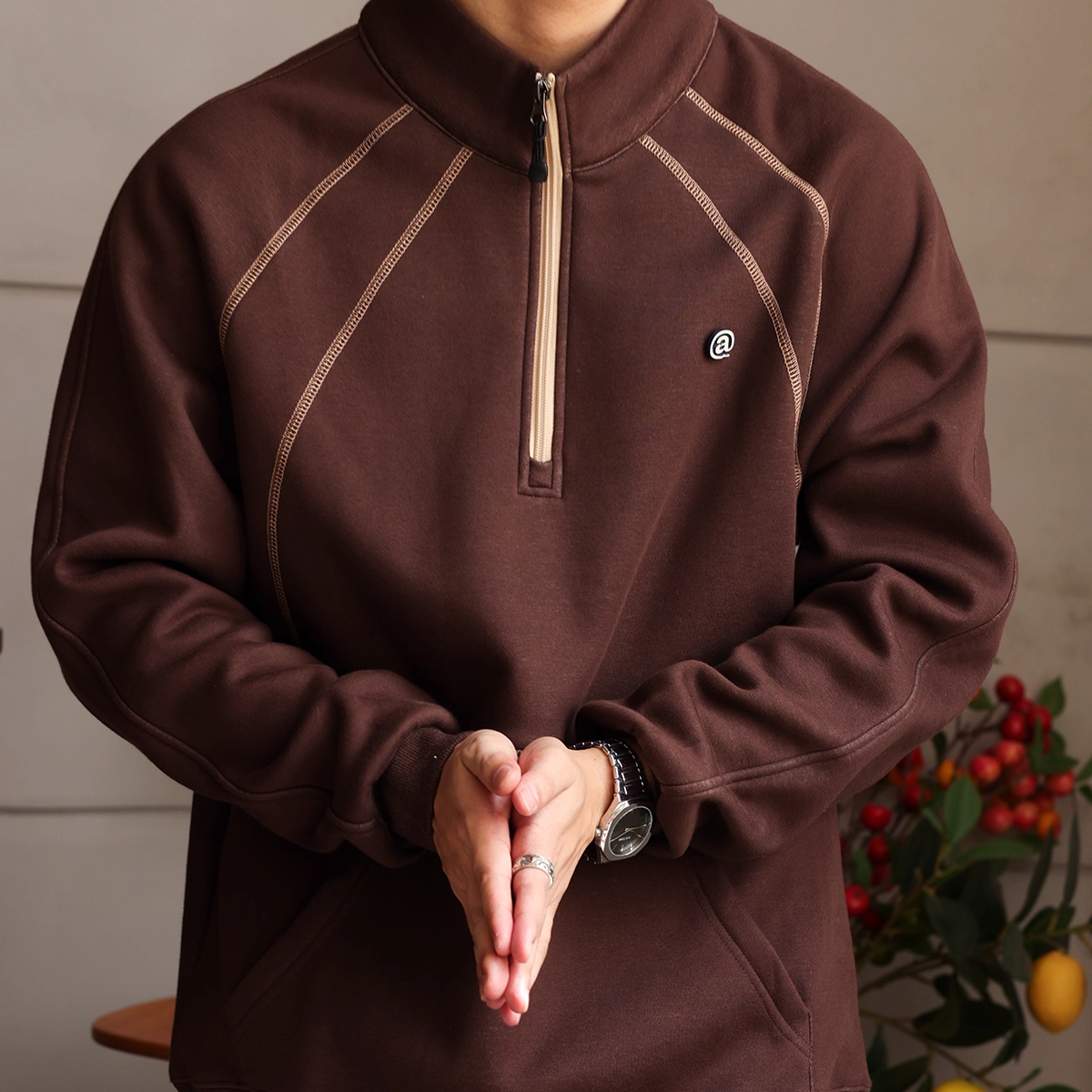 American Retro Design Style Stand Up Collar Men'S Contrasting Half Zip Top