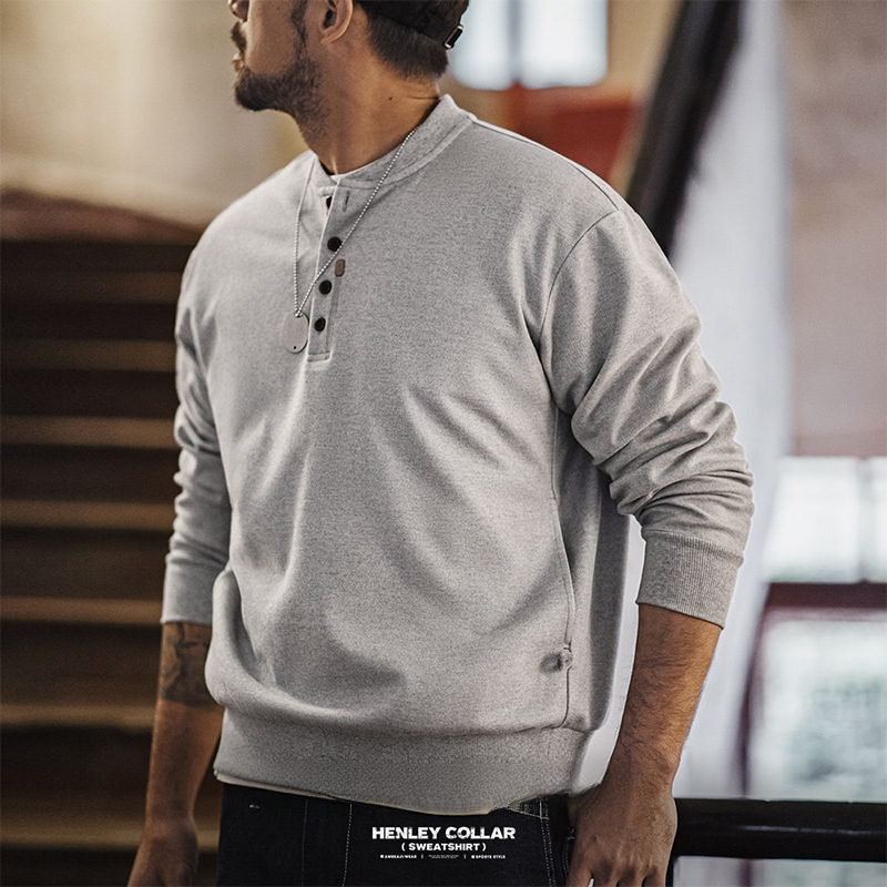 Maden casual Henry collar woolen hoodie gray cleanfit long sleeved base sweater