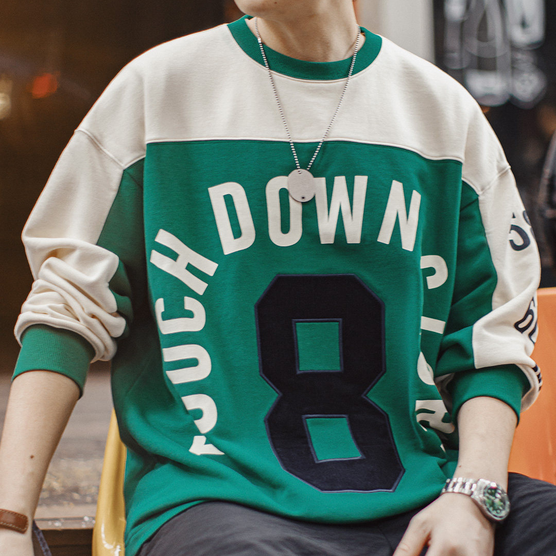 American Retro Jersey Style Contrasting Color Digital Round Neck Long Sleeved T-Shirt