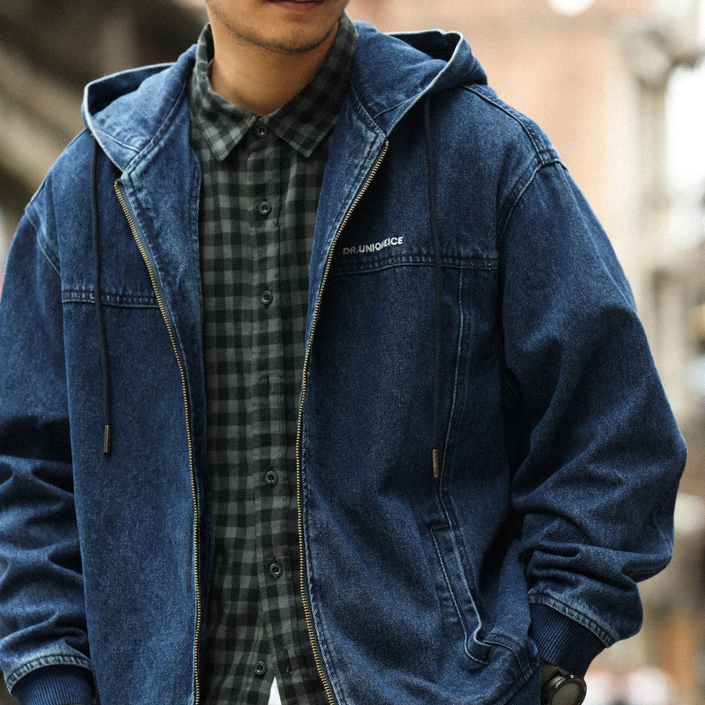 American casual men's loose denim washed zipper hooded denim jacket