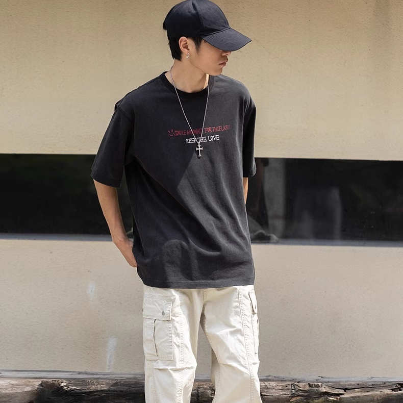 American retro washed letter printed casual loose short sleeved T-shirt