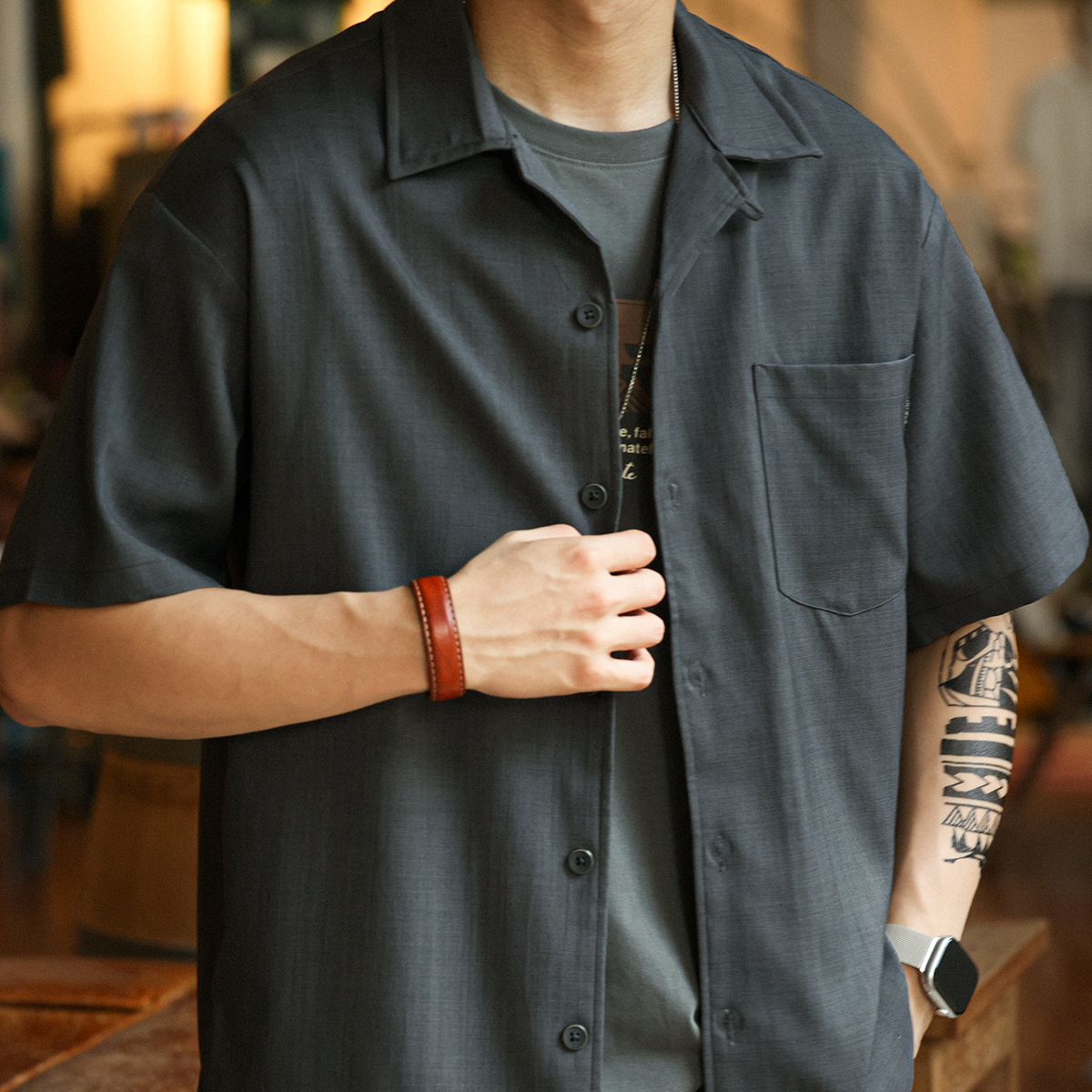 Japanese retro men's Cuban collar loose short sleeved shirt