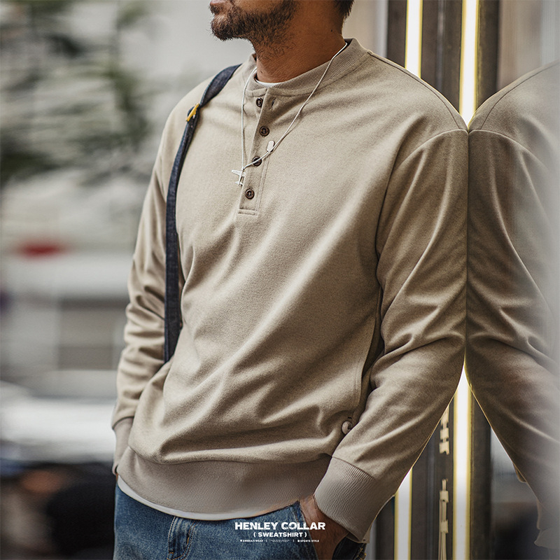 Maden casual Henry collar woolen hoodie gray cleanfit long sleeved base sweater