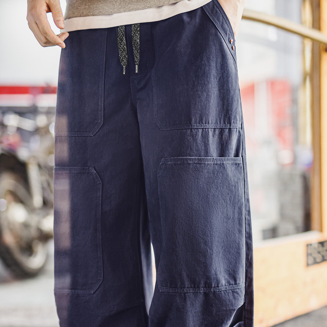 American Retro Washed Multi Pocket Pure Cotton Wide Leg Ankle Tied Casual Pants