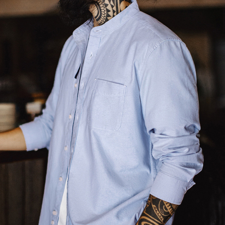 American Oxford Cloth Small High Neck Pure Cotton Long Sleeved Shirt