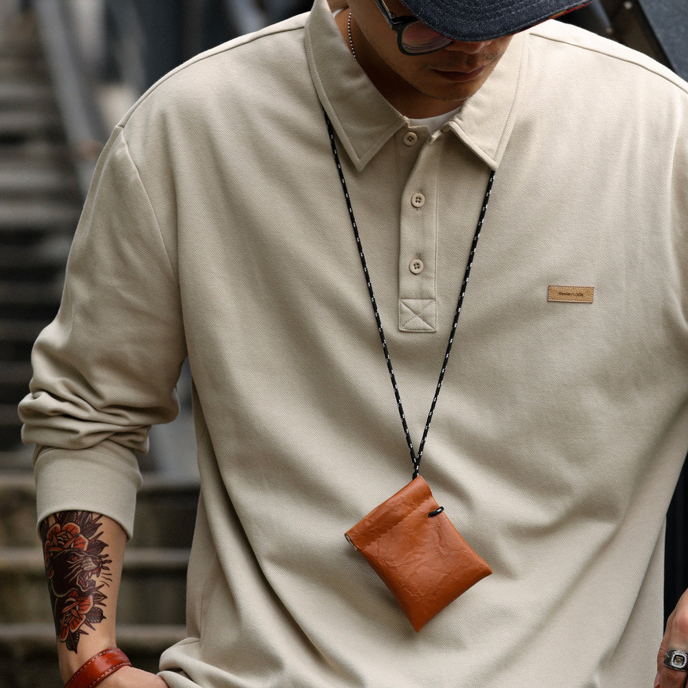 long sleeved polo shirt, loose and simple, with a high-end feel inside. Knitted collar T-shirt trendy