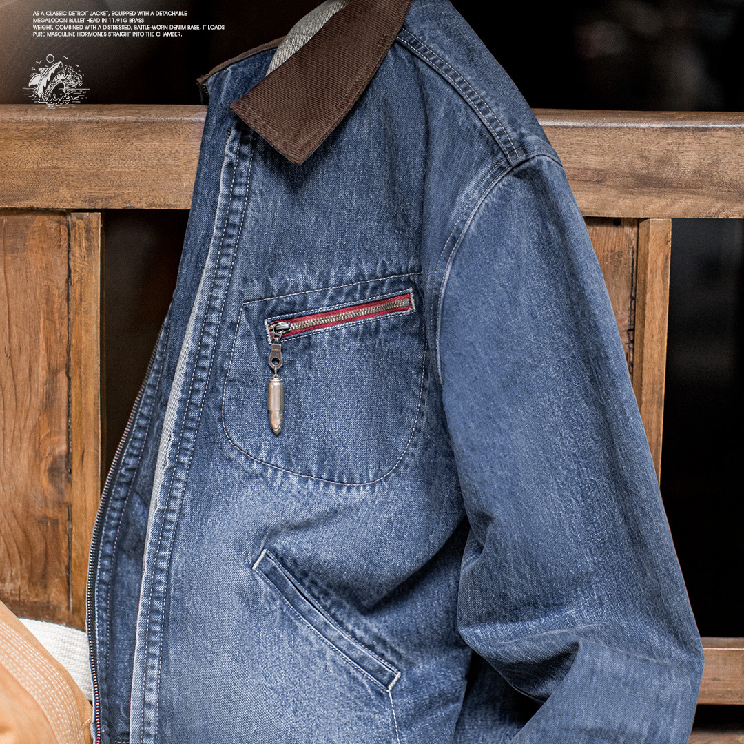 American Retro Washed Denim Detroit Jacket Vintage Distressed Coat