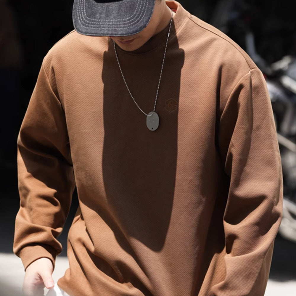 Casual 320g diagonal sweatshirt men's loose embroidered wrinkle resistant texture long sleeved T-shirt