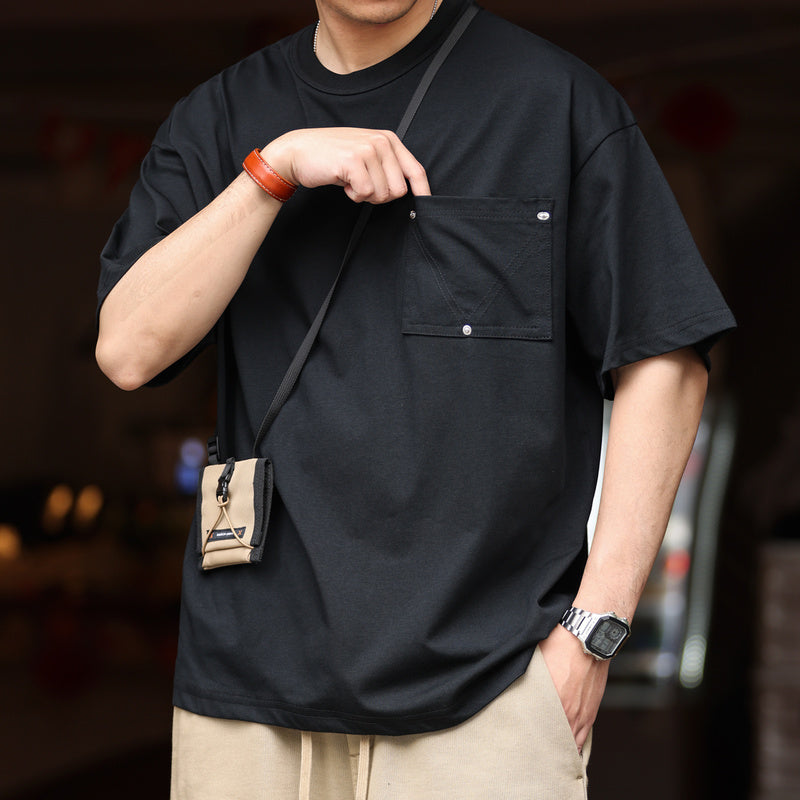 American style nail pocket men's loose round neck T-shirt