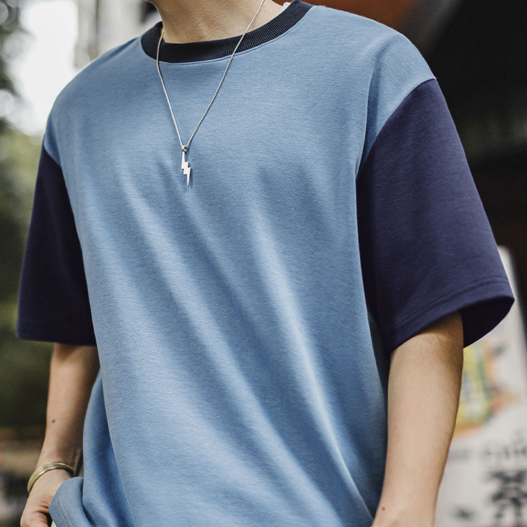 American retro color blocked threaded collar with loose shoulder sleeves T-shirt