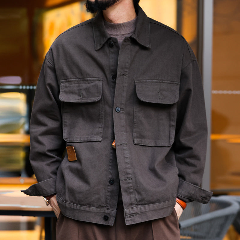 Cotton workwear jacket men's loose four pocket style, paired with a tough guy logging jacket