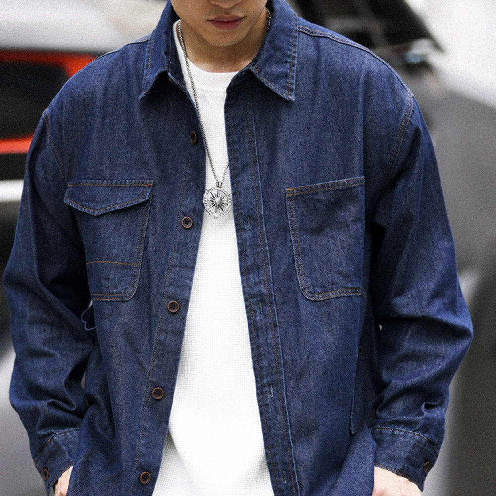 Japanese retro original color long sleeved soft denim shirt with a slightly wide collar for outerwear