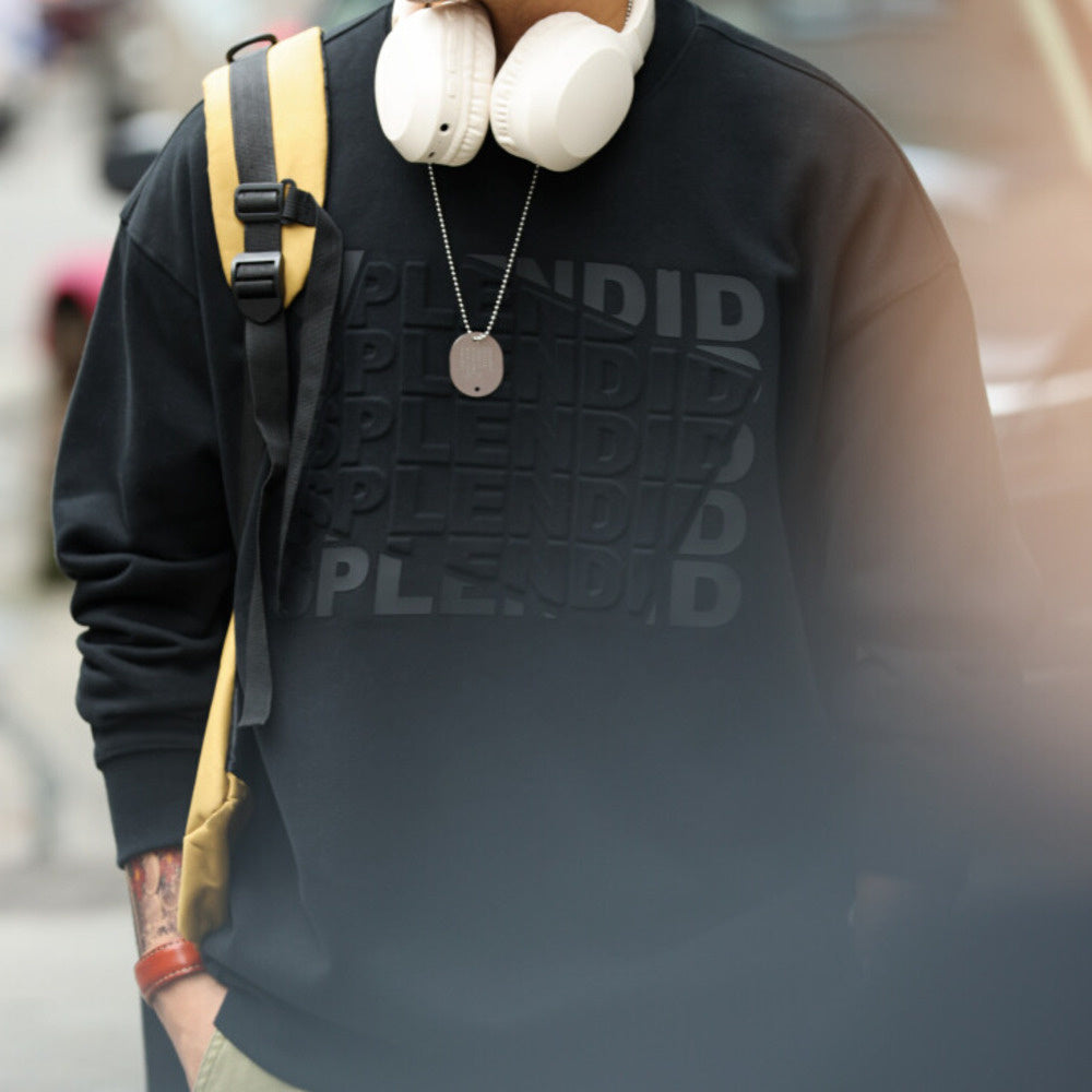 Retro fleece letter printed round neck sweatshirt loose 480g heavyweight long sleeved casual top