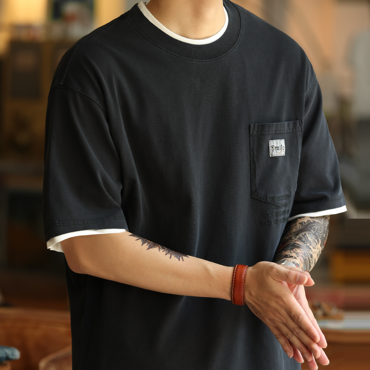 American retro men's 260g pure cotton pocket embroidered short sleeved T-shirt