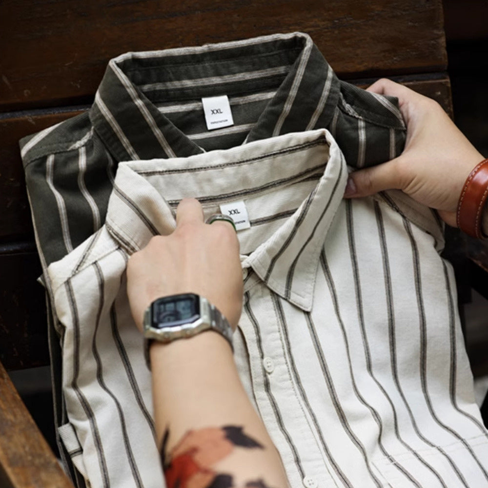 Casual dyed pure cotton striped shirt for men, vintage style, contrasting long sleeved shirt jacket