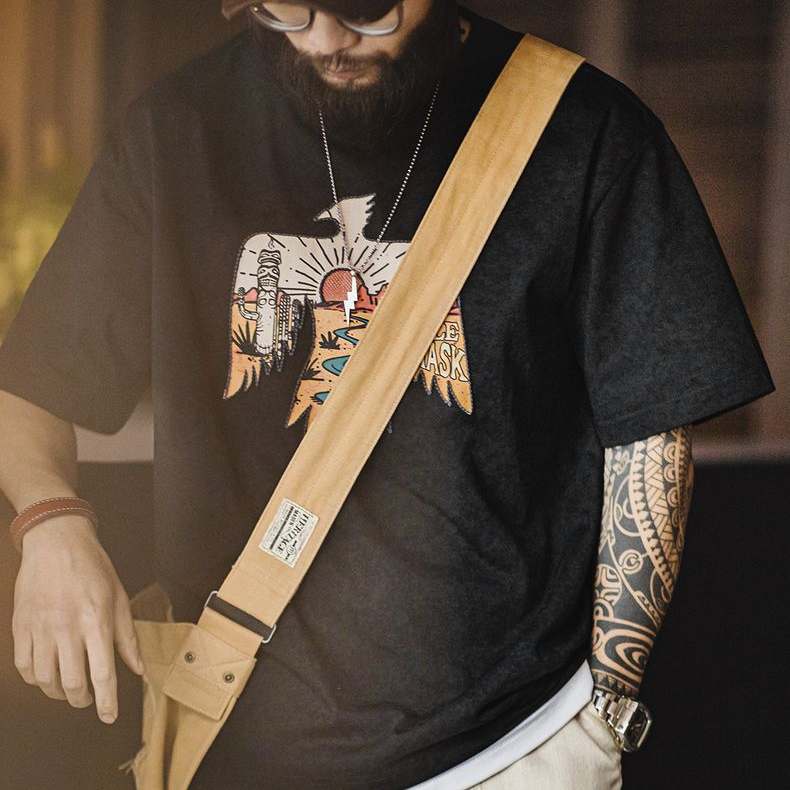 American retro Indian Thunderbird embroidered printed men's T-shirt