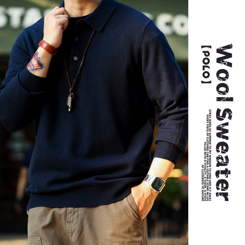 Casual long sleeved polo collar cotton wool sweater solid color lapel 