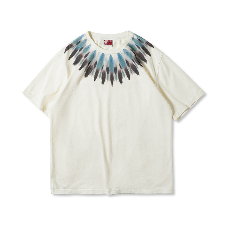 Maden Retro Indian feather print short sleeved distressed loose ethnic style T-shirt