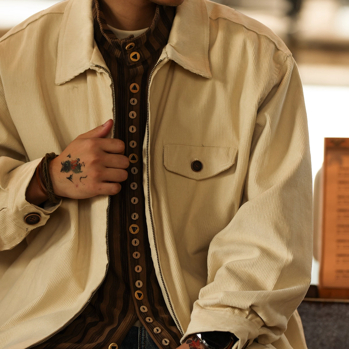 American Retro Men'S Loose 360g Lapel Corduroy Jacket