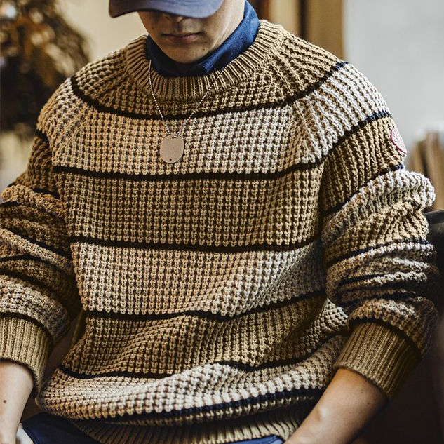 Maden Vintage Color Clash Pineapple Stripe Sweater Textured Pullover Crew Neck Bottom Knit Sweater