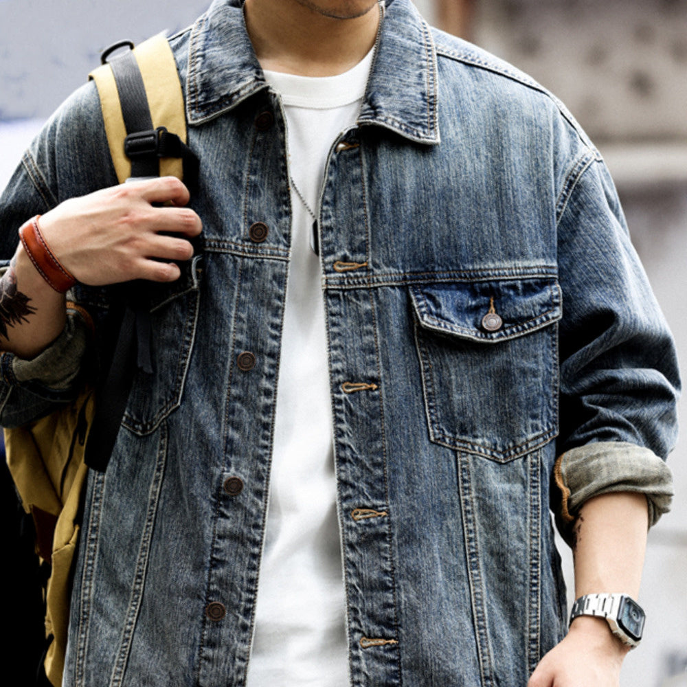 Bamboo patterned Western denim jacket, men's classic outerwear, motorcycle workwear jacket