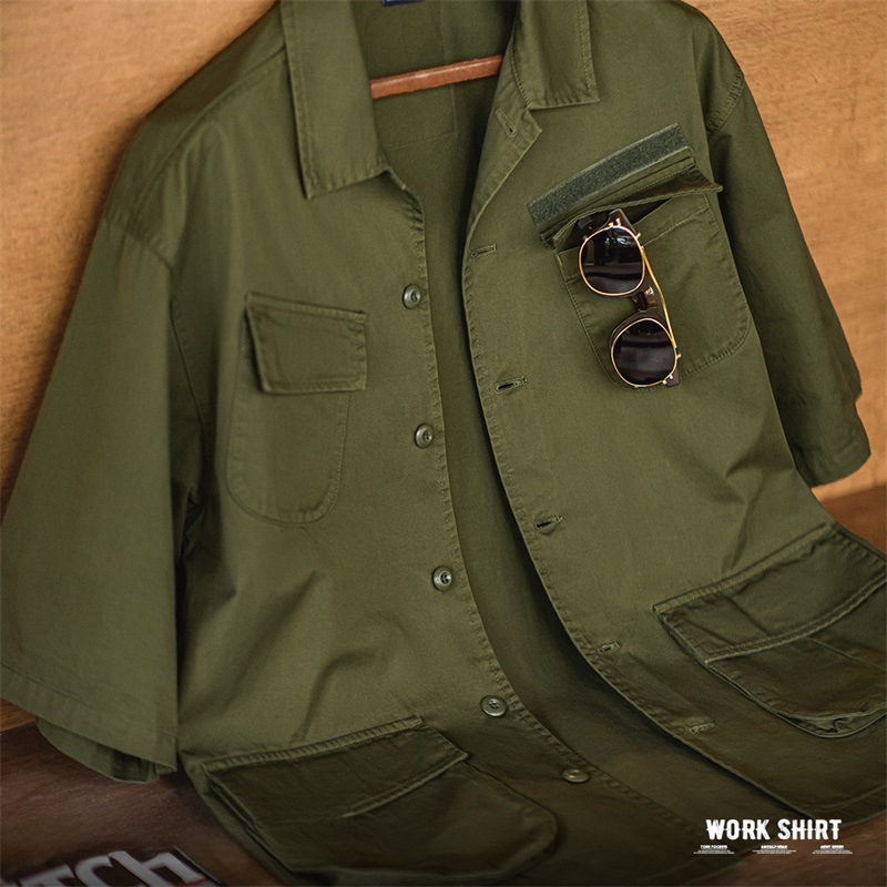 Maden Retro M42 Four Pocket Short sleeved Shirt Military Style Loose Silhouette Flip Collar Shirt