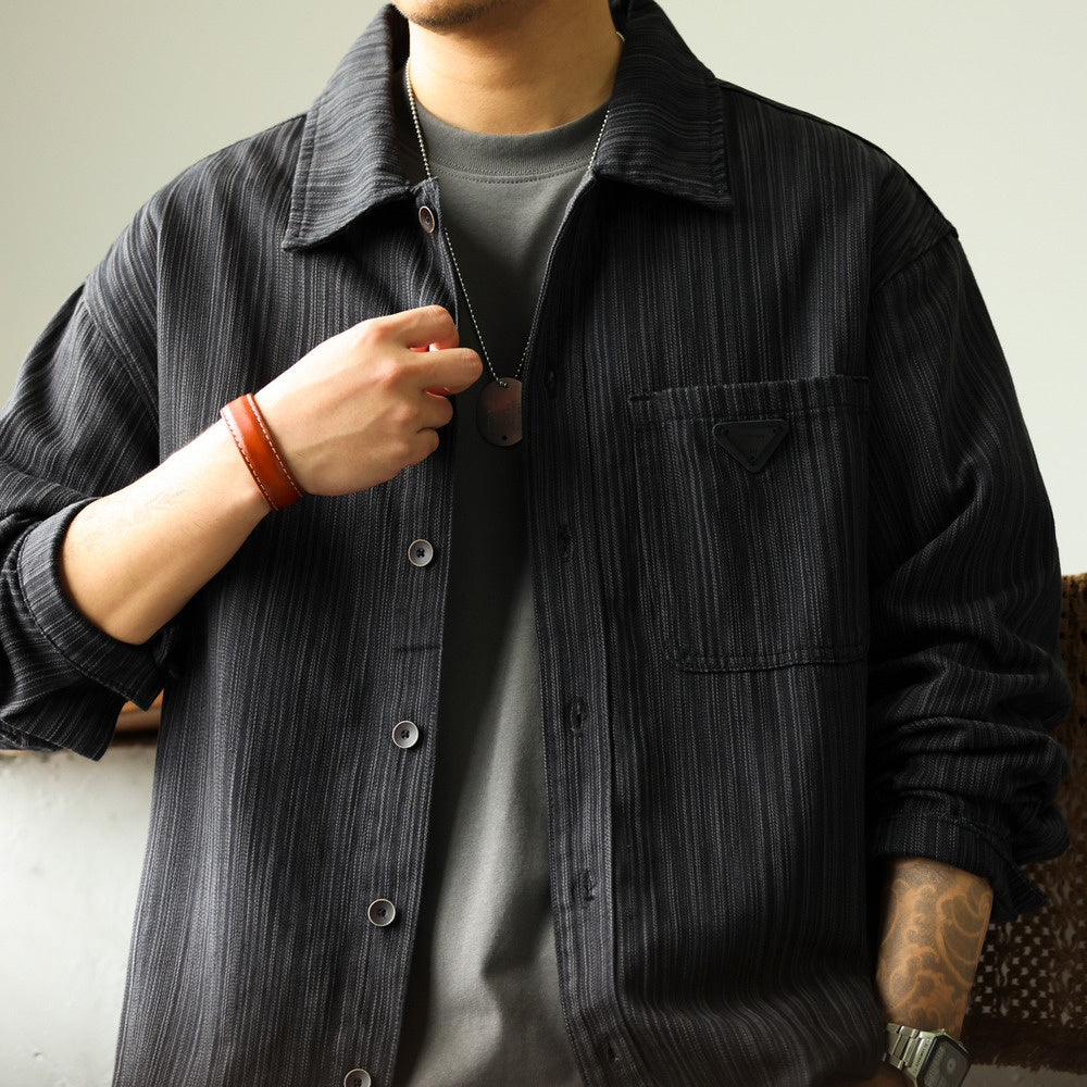 Retro heavyweight bamboo striped shirt jacket with a high-end feel, loose and casual long sleeved shirt
