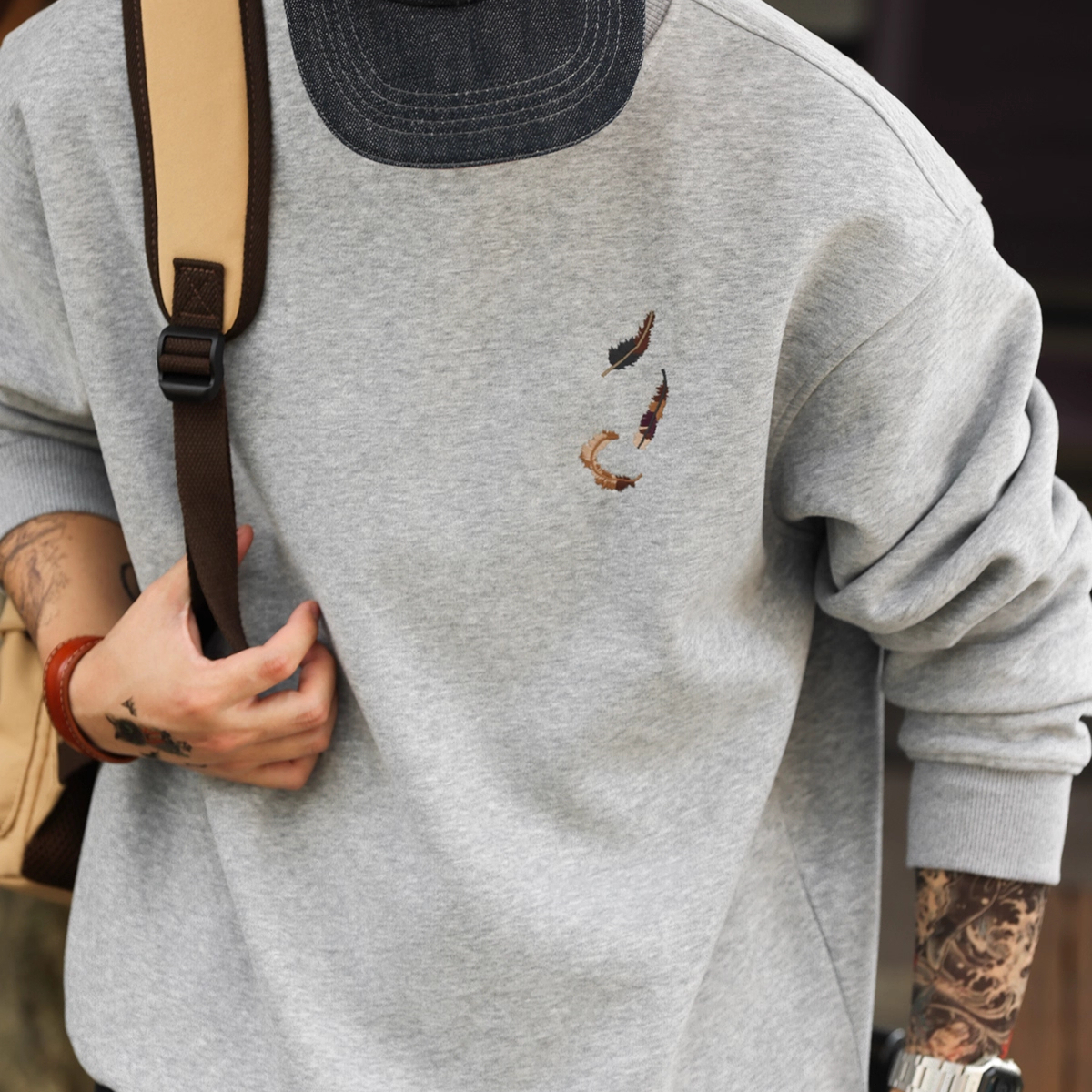 American retro 420g embroidered round neck men's casual sweatshirt