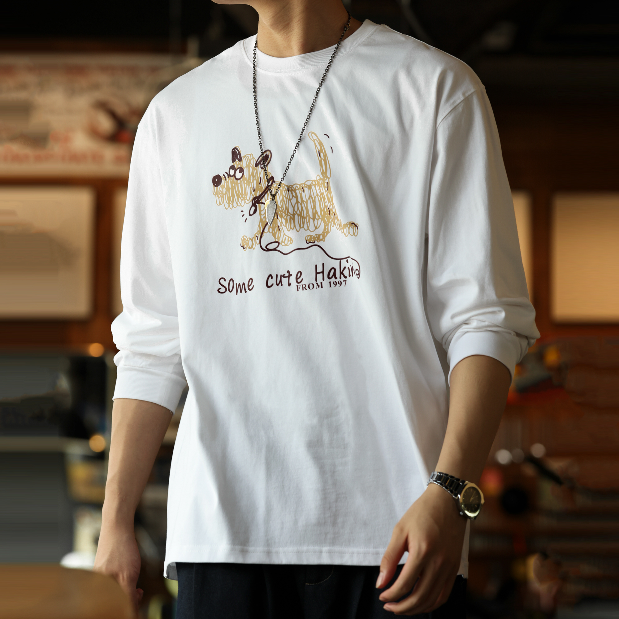 American Casual Line Graffiti Puppy Male 260g Cotton Long Sleeved T-Shirt