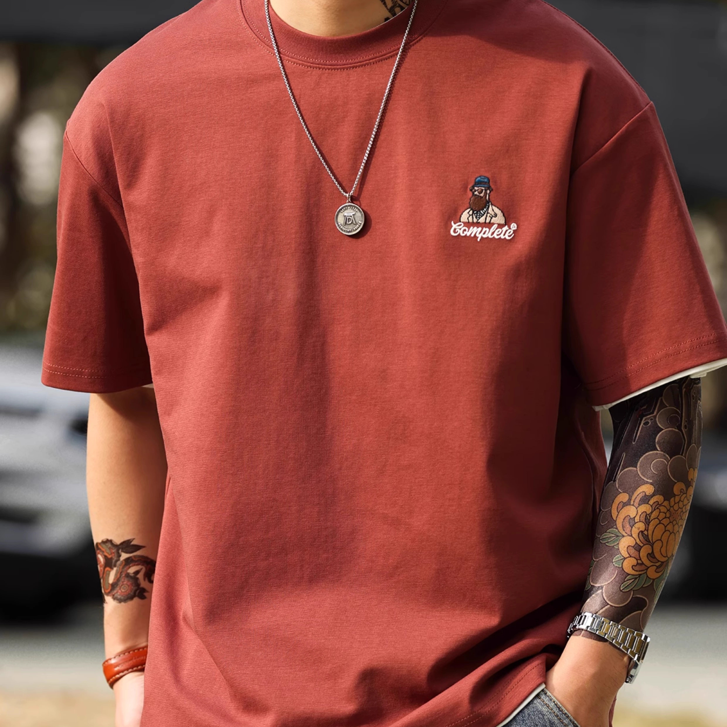 American casual fun embroidery 210g cotton short pulled T-shirt