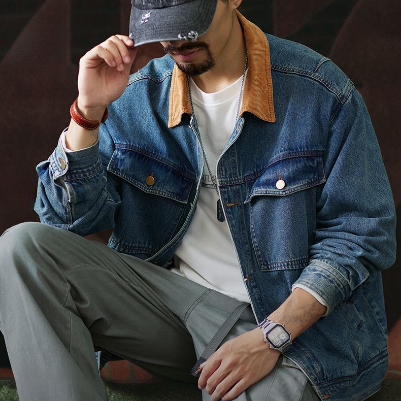 American Retro Contrasting Corduroy Men'S New Loose Collared Denim Jacket