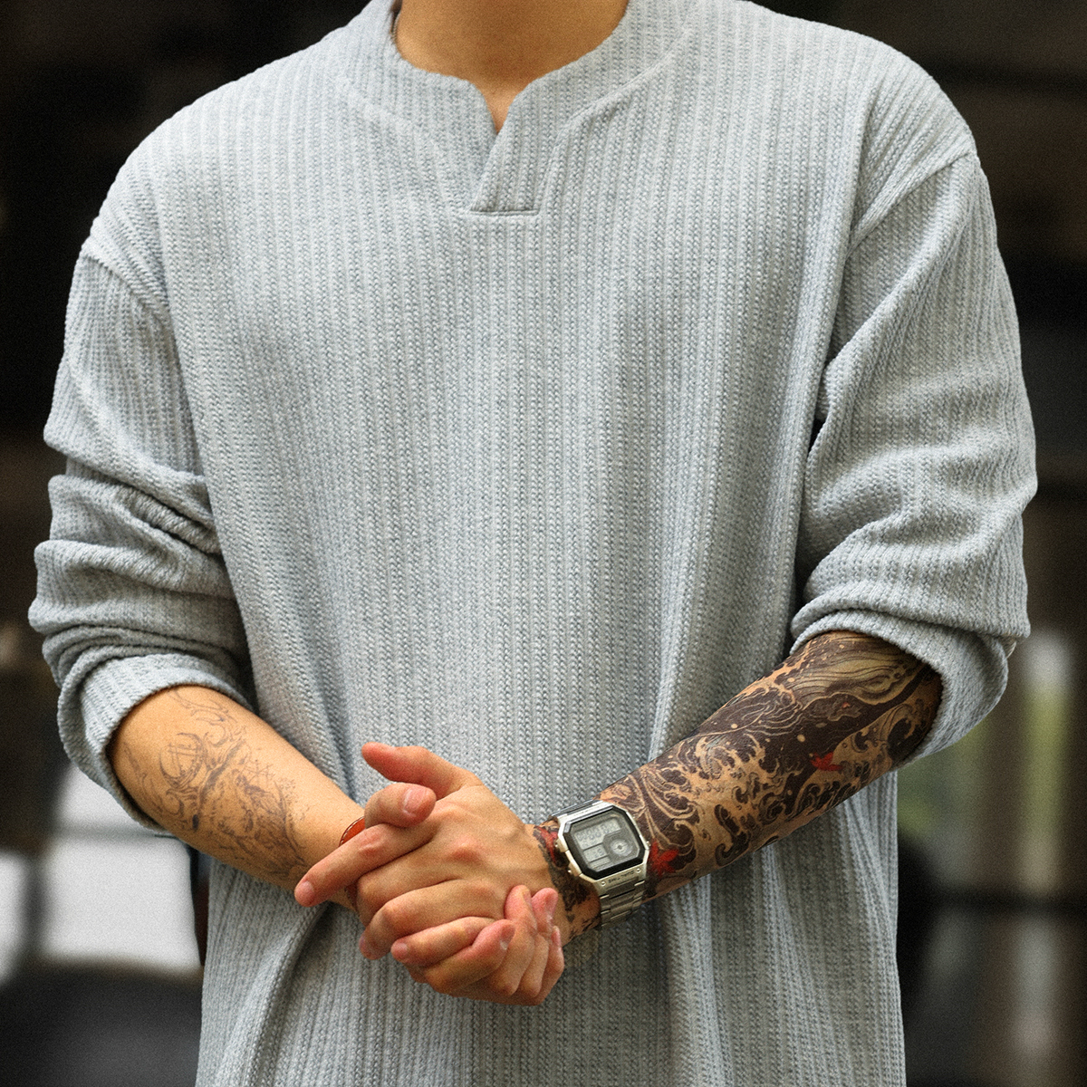 American Jacquard Small V-Neck Men's 330g Heavy-Duty Long Sleeved T-Shirt