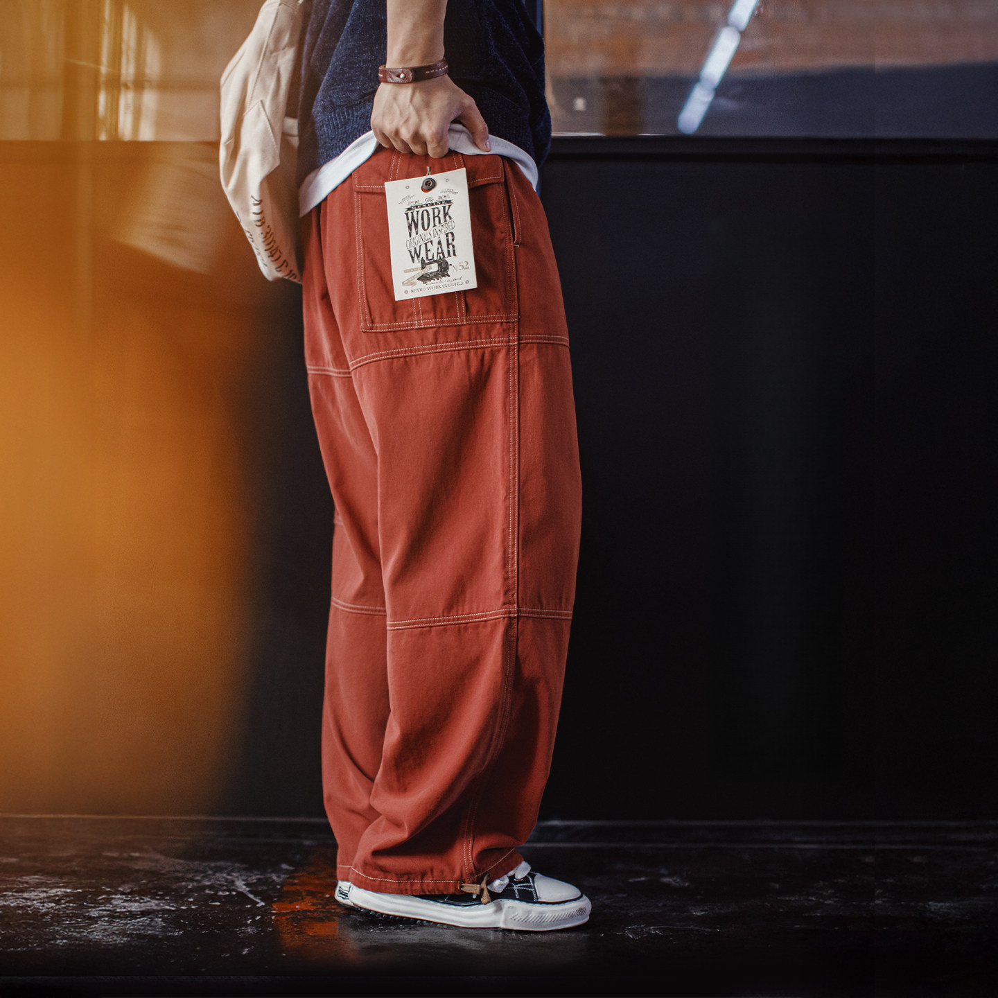 American Retro Multi Pocket Brick Red Straight Leg Wide Leg Ankle Binding Work Pants