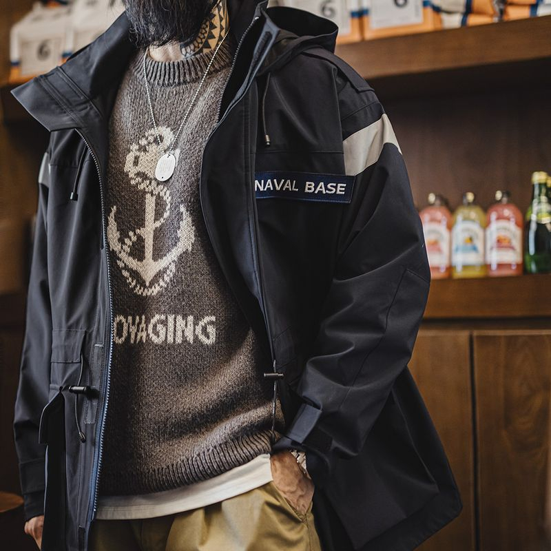 Maggoed Vintage Mid-Length Navy Parker Trench Coat Loose Windproof Hooded Jacket Coat