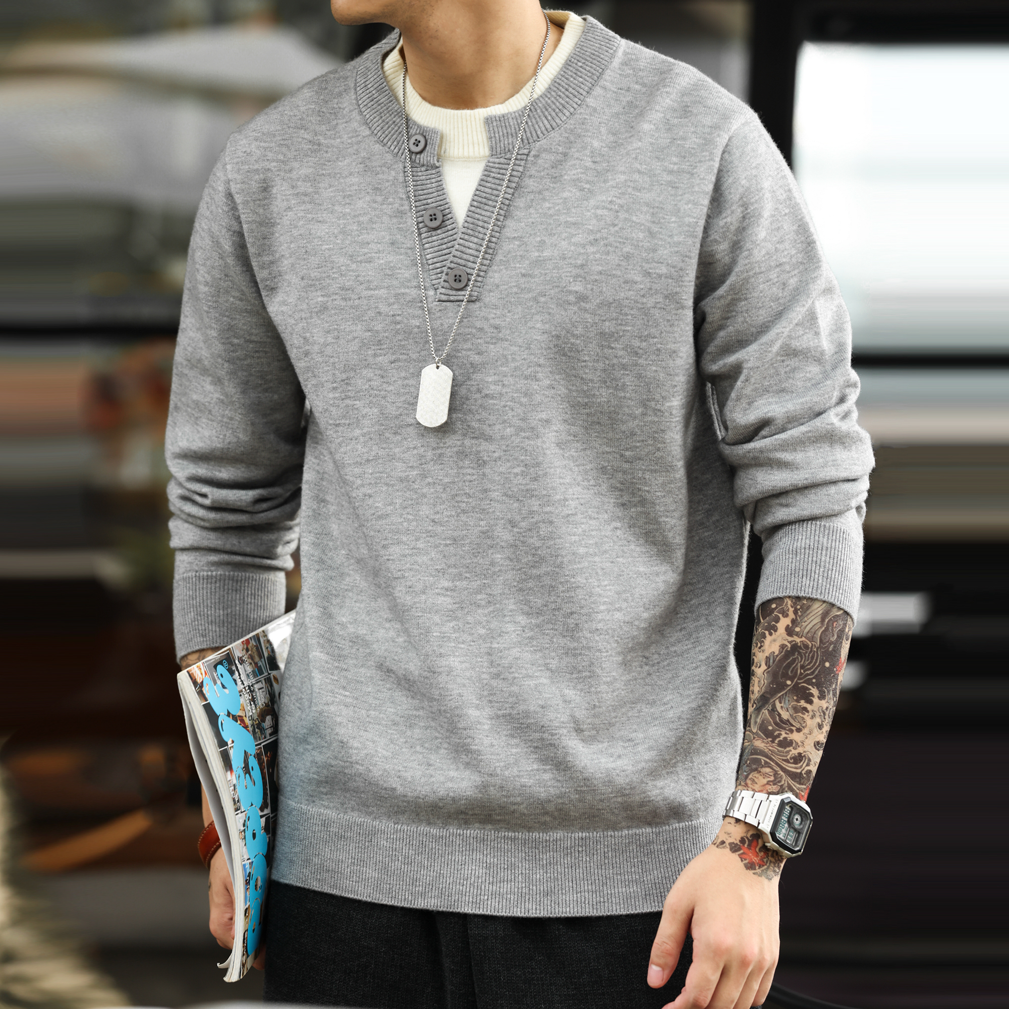 American Casual Vacation Two Piece Spliced V-Neck Men'S Wool T-shirts