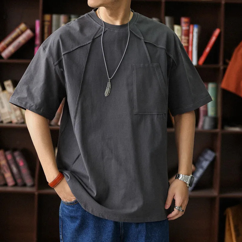 Japanese retro men's loose round neck pure cotton short sleeved T-shirt