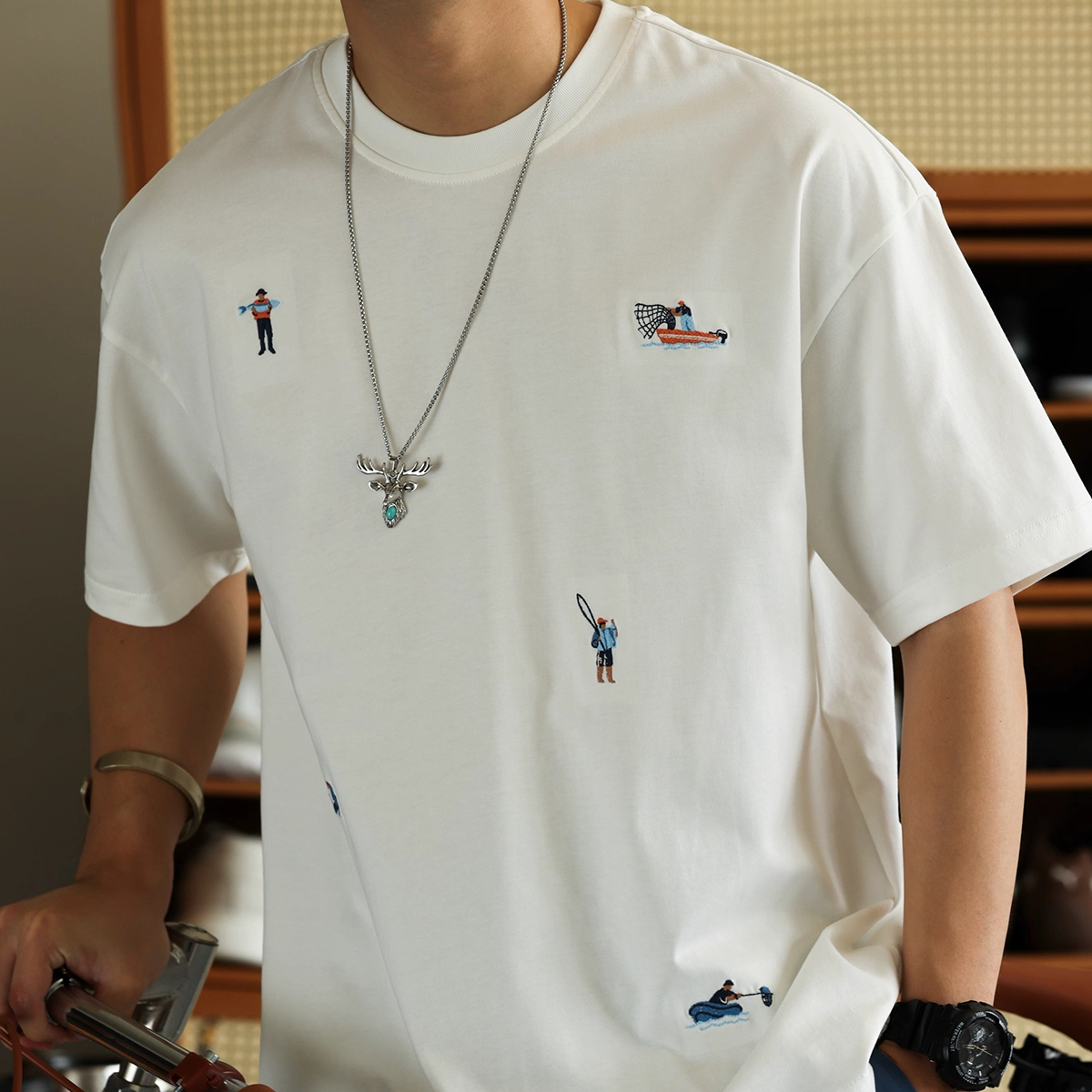 Fun embroidery men's 260g pure cotton round neck short sleeved T-shirt