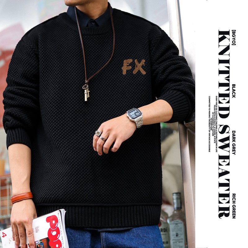 BGYO American coarse needle and thread sweater men's round neck loose lazy style high-end knitted sweater winter